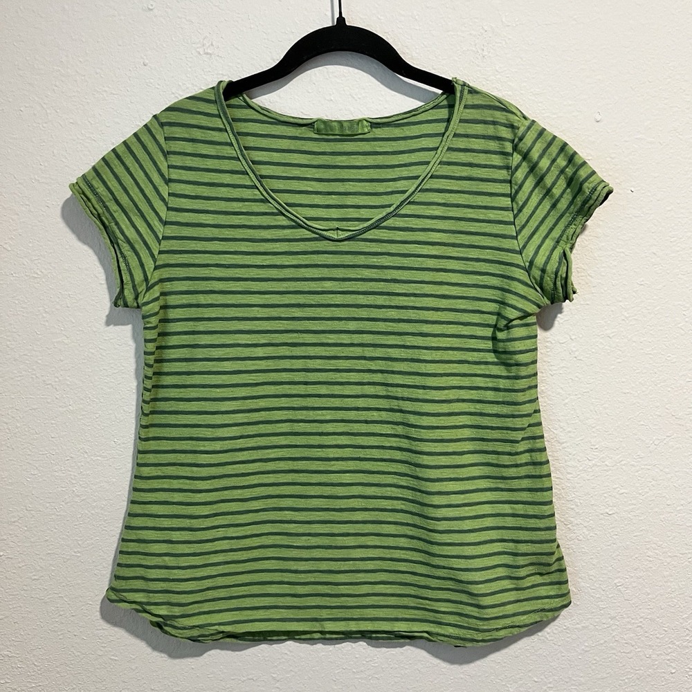 Cut Loose Womens T-Shirt Medium Green Striped V-Neck Cap Sleeve Cotton Linen USA